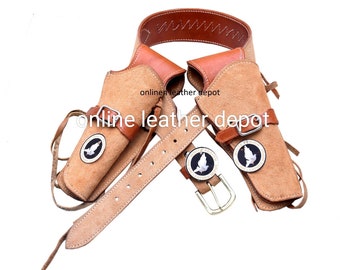 Handmade Suede Leather Western Holster Cartridge Belt, .22 .357 .38 .44 .45 Caliber