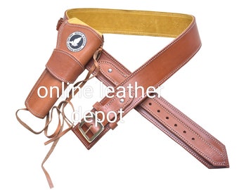 Handmade Tooled Leather Western Cartridge Belt Holster, .22 .38 .357 .44 .45 Caliber