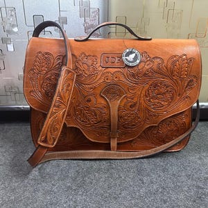 Borsa per laptop e borsa a tracolla in stile occidentale intagliata a mano in pelle pieno fiore