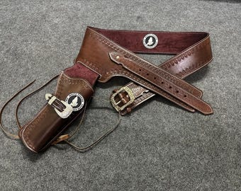Handmade Leather Revolver Holster Belt, Ammo Loops, Tie Down - Western Cowboy Action