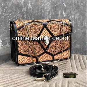 Borsa per laptop in stile occidentale e borsa a tracolla in pelle pieno fiore intagliata a mano
