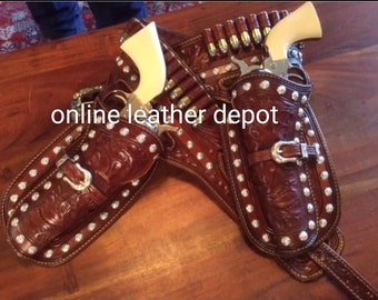 Handmade Tooled Leather Cowboy Cartridge Belt with Holster, .22 .357 .38 .44 .45 Caliber