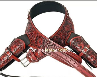 Handmade Tooled Leather Western Holster Belt, Revolver Cartridge Ammo