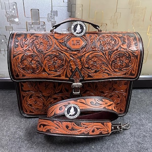 Bolso para portátil y bandolera de estilo occidental, tallado a mano en piel de grano completo