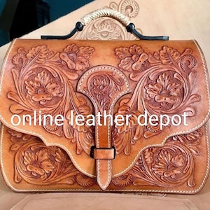 Borsa per laptop e borsa a tracolla in stile occidentale intagliata a mano in pelle pieno fiore
