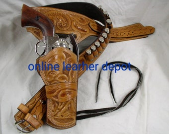 Handmade Tooled Leather Western Holster, Revolver Ammo Belt (.22 .38 .357 .44 .45)