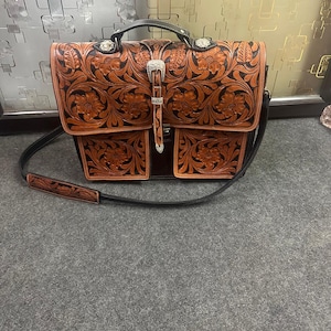 Bolso para portátil y bandolera estilo vaquero, tallado a mano en piel de grano completo