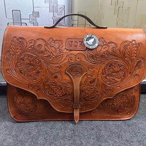 Borsa a tracolla in stile cowboy e borsa per laptop in pelle pieno fiore lavorata a mano