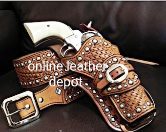Handmade Tooled Leather Revolver Holster & Cartridge Belt, Western Cowboy Style
