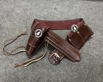 ハンドメイドレザーカウボーイアクションホルスターベルト：.22、.357、.38、.44、.45口径