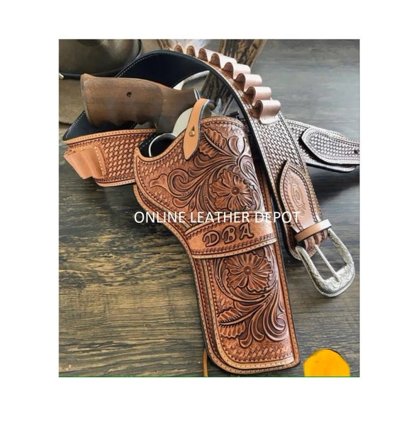Handmade Tooled Leather Western Holster & Cartridge Belt  display picture 3