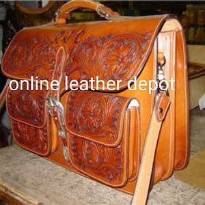 Borsa per laptop e borsa a tracolla in stile occidentale intagliata a mano in pelle pieno fiore