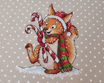 Christmas Squirell Comleted Cross Stitch Finished Embroidery Gift Christmas Handmade Needlepoint