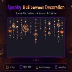 May include: A digital Spooky Halloween Decoration set featuring animated stream elements. The graphic displays hanging ornaments including glowing orange pumpkins, skulls, crescent moons, bats, spiders, and stars on dark beaded strings.