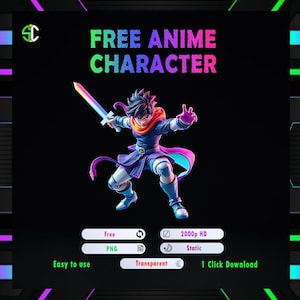 May include: A digital illustration of an anime character holding a sword. The character is wearing a blue and purple outfit with a pink scarf. The background is black with the text "FREE ANIME CHARACTER" in rainbow colors. The image includes the text "Free PNG", "2000p HD", "Static", "Easy to use", "Transparent", and "1 Click Download".