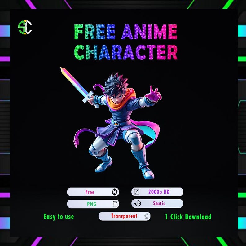 May include: A digital illustration of an anime character holding a sword. The character is wearing a blue and purple outfit with a pink scarf. The background is black with the text "FREE ANIME CHARACTER" in rainbow colors. The image includes the text "Free PNG", "2000p HD", "Static", "Easy to use", "Transparent", and "1 Click Download".