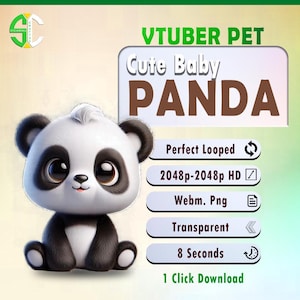 Peut inclure: Un panda de dessin animé mignon avec une fourrure noire et blanche, assis sur un fond vert. Le texte "VTUBER PET Cute Baby PANDA" est au-dessus du panda. Sous le panda, il y a des boutons qui disent "Perfect Looped", "2048p-2048p HD", "Webm. Png", "Transparent", "8 Seconds", et "1 Click Download".