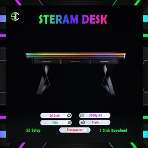 May include: A black gaming desk with a rainbow LED light strip along the front edge. The desk has three drawers and a black X-shaped base.