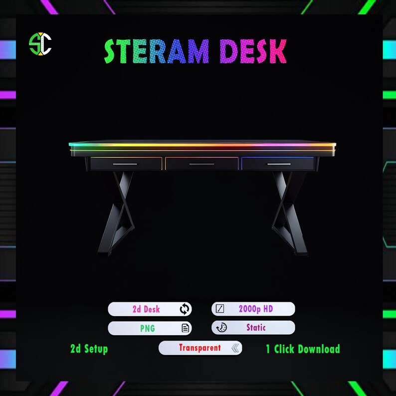 May include: A black gaming desk with a rainbow LED light strip along the front edge. The desk has three drawers and a black X-shaped base.
