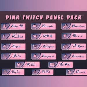 Op de afbeelding: Een set van 16 roze en blauwe Twitch-paneelknoppen met afgeronde hoeken en witte tekst. De knoppen bevatten pictogrammen en tekst zoals "Sobre Mi", "Discordia", "Donaciones", "Facebook", "T", "March", "Seguir", "Instagram", "PSpecs", "Rules", "Snapchat", "Subscribe", "Twitter", "You Tube", "Reglas" en "ダルダル".