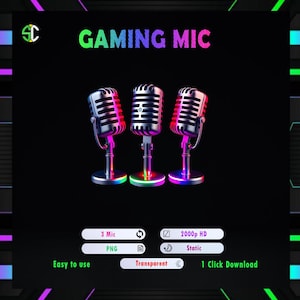 May include: Three silver retro microphones with black stands on a black background. Each microphone has a colorful light ring around the base. The text "GAMING MIC" is at the top of the image. The text "3 Mic PNG", "2000p HD Static", "Easy to use", "Transparent", and "1 Click Download" is at the bottom of the image.