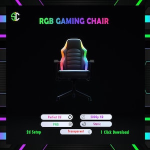 May include: A black leather gaming chair with RGB lighting around the back and sides. The chair has a high back and adjustable arms. The chair is on a black background. The text "RGB GAMING CHAIR" is at the top of the image. The text "Perfect 2d PNG", "2000p HD Static", "2d Setup", "Transparent", and "1 Click Download" is at the bottom of the image.