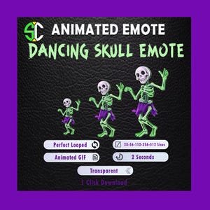May include: Animated GIF of a dancing skull emote in three sizes. The skull is white with a green skeleton, wearing a purple skirt. Text includes "Animated Emote Dancing Skull Emote", "Perfect Looped", "Animated GIF", and "Transparent".
