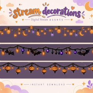 May include: Digital stream assets featuring three decorative string light designs. The top string has orange bulbs, moons, and stars. The middle string features dark branches with bats and purple and orange gems. The bottom string has jack-o'-lantern bulbs.