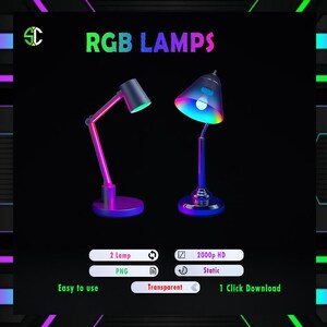 May include: Two desk lamps with adjustable arms and colorful LED lights. The lamps are on a black background with text that reads "RGB LAMPS", "2 Lamp PNG", "2000p HD Static", "Easy to use", "Transparent", and "1 Click Download".