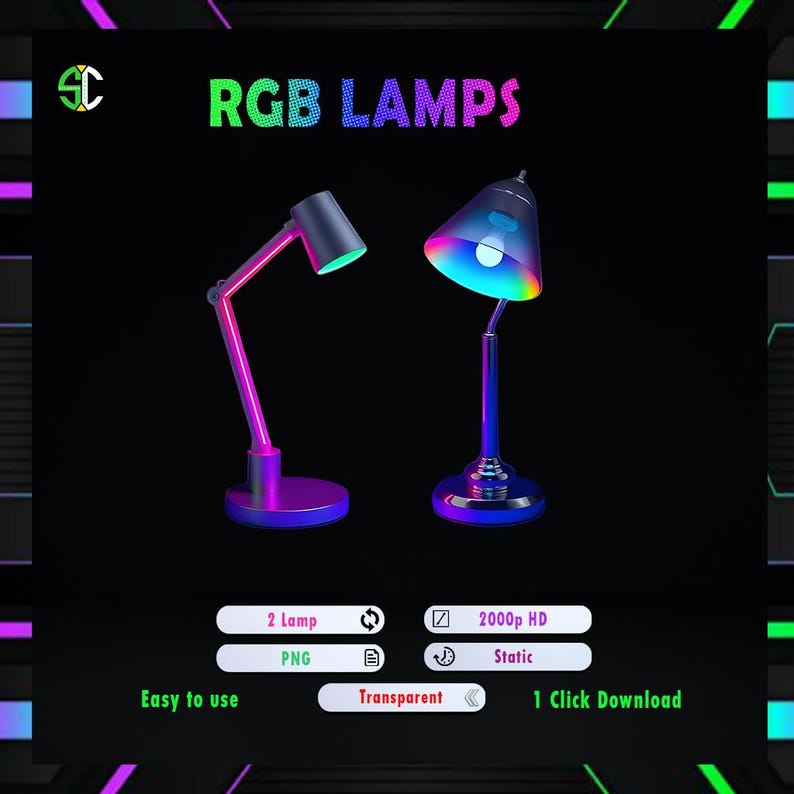 May include: Two desk lamps with adjustable arms and colorful LED lights. The lamps are on a black background with text that reads "RGB LAMPS", "2 Lamp PNG", "2000p HD Static", "Easy to use", "Transparent", and "1 Click Download".