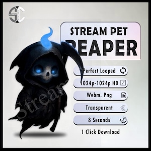 May include: A digital illustration of a cartoon Grim Reaper character with glowing blue eyes and a blue flame. The image includes the text "STREAM PET REAPER" and details about the digital file, such as "Perfect Looped" and "1024p-1024p HD".