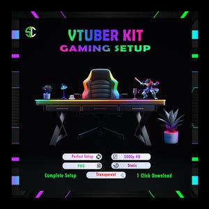May include: A black gaming chair with rainbow LED lights, a black desk with rainbow LED lights, a microphone, a small figurine, and a plant in a pot. The text "VTUBER KIT GAMING SETUP" is at the top of the image. The buttons below the image say "Perfect Setup", "PNG", "Complete Setup", "Transparent", "2000p HD", "Static", and "1 Click Download".