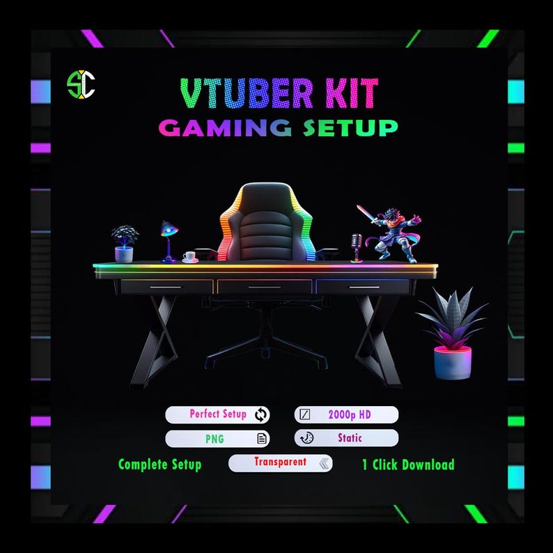 May include: A black gaming chair with rainbow LED lights, a black desk with rainbow LED lights, a microphone, a small figurine, and a plant in a pot. The text "VTUBER KIT GAMING SETUP" is at the top of the image. The buttons below the image say "Perfect Setup", "PNG", "Complete Setup", "Transparent", "2000p HD", "Static", and "1 Click Download".