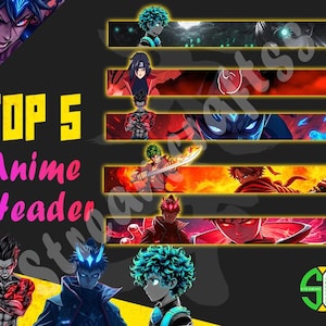 May include: Top 5 Anime Header - A collage of five different anime characters with colorful backgrounds. The characters are all in action poses and the backgrounds are filled with vibrant colors and special effects. The text "Top 5 Anime Header" is displayed in a yellow box at the top of the image.