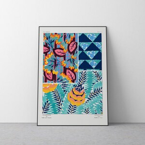 Könnte beinhalten: Eine Vintage-Illustration von vier verschiedenen Stoffmustern. Die Muster umfassen ein Blumenmuster mit rosa, gelben und blauen Blumen, ein geometrisches Muster mit blauen und weißen Dreiecken, ein Blattmuster mit grünen Blättern und gelben Blumen und ein geometrisches Muster mit blauen und weißen Quadraten.