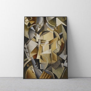 Peut inclure: Peinture de portrait cubiste abstrait d'une personne avec des formes géométriques dans des tons de brun, gris et blanc.