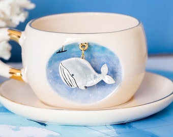 Personalized Handmade Ceramic Blue Whale Mug with 24k Real Gold - Nature Series Endangered animals Mug