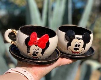 Mickey-minnie Mouse Tea Mugs Double Set Handmade Ceramic