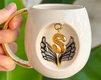 Personalized Valentines Day 320 ml Angel Wings Mug With Letter, Customized Coffee Tea Mug With Letter, Custom Mug For Special Days