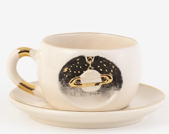 Saturn Sternenhimmel Teetasse: Handgefertigte Keramiktasse mit 24k Vergoldung