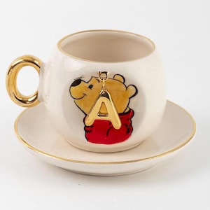 Copo personalizado com monograma detalhado em ouro 24K, café turco expresso com leite, chá vermelho, caneca de café personalizada de cerâmica do Ursinho Pooh com letra