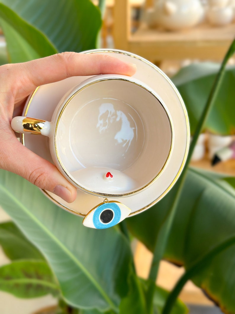 Nazar Eye Mug Blue/Green with Swinging Evil Eye Handmade Ceramic Gift with 24k Real Gold Personalized image 5