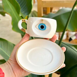 Nazar Eye Mug Blue/Green with Swinging Evil Eye Handmade Ceramic Gift with 24k Real Gold Personalized image 3