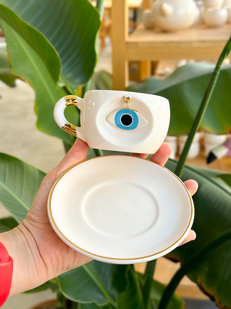 Nazar Eye Mug Blue/Green with Swinging Evil Eye Handmade Ceramic Gift with 24k Real Gold Personalized image 3