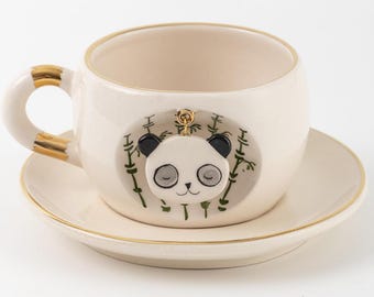Handgemachte Keramik Panda-Tasse: 24K Gold Detail, gefährdete Tiere