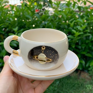 Handmade Gold Crescent Moon and Flowers Ceramic Coffee Mug