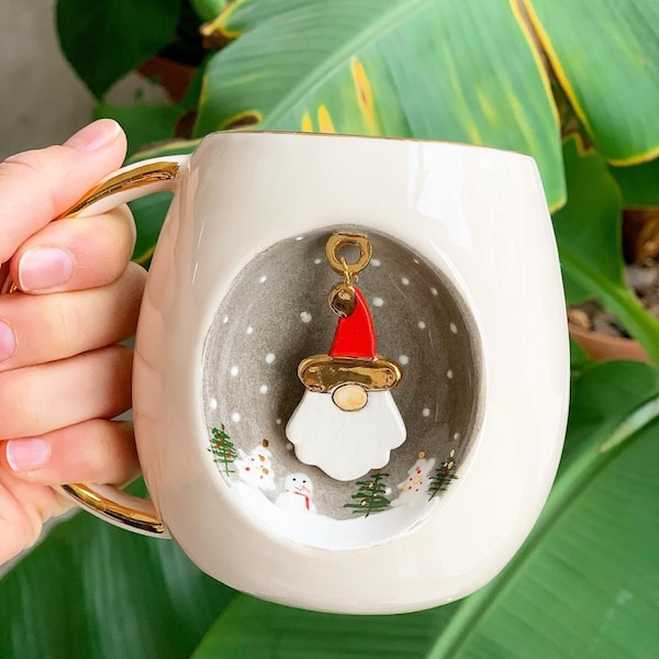 XL Christmas Father Noel Mug | 500 ml Handmade Ceramic Coffee and Tea Cup with 24k Real Gold | Noel Gift for her, him