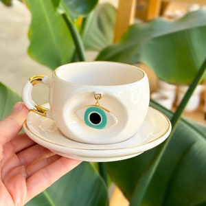 Nazar Eye Mug Blue/Green with Swinging Evil Eye Handmade Ceramic Gift with 24k Real Gold Personalized image 2