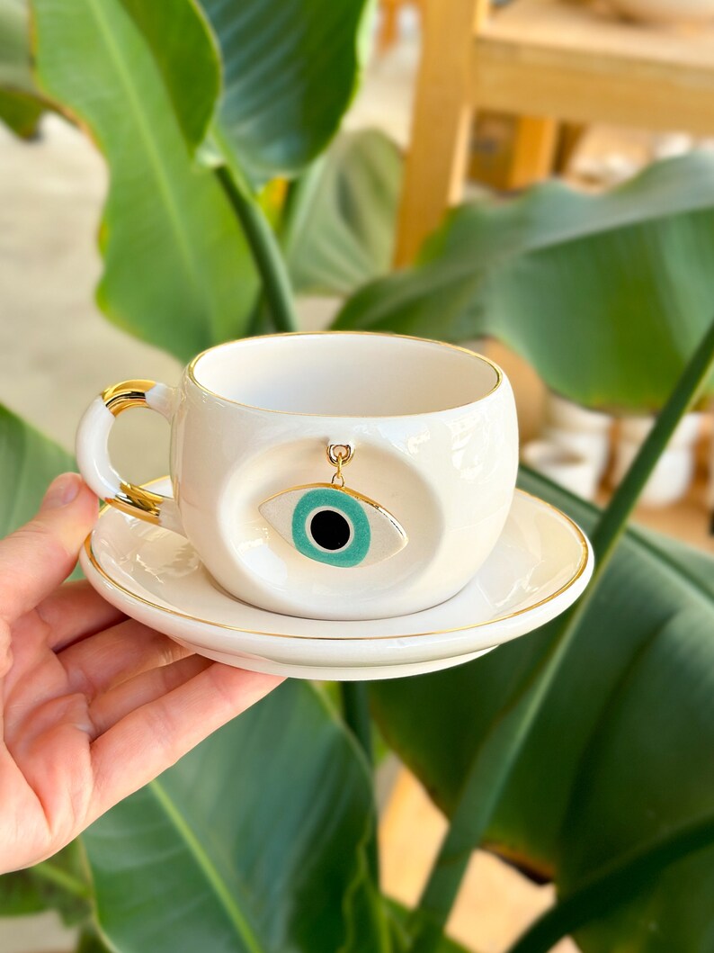 Nazar Eye Mug Blue/Green with Swinging Evil Eye Handmade Ceramic Gift with 24k Real Gold Personalized image 2