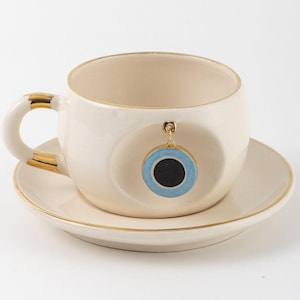 Handmade Ceramic Espresso Mug: 24K Gold Evil Eye Nazar Design